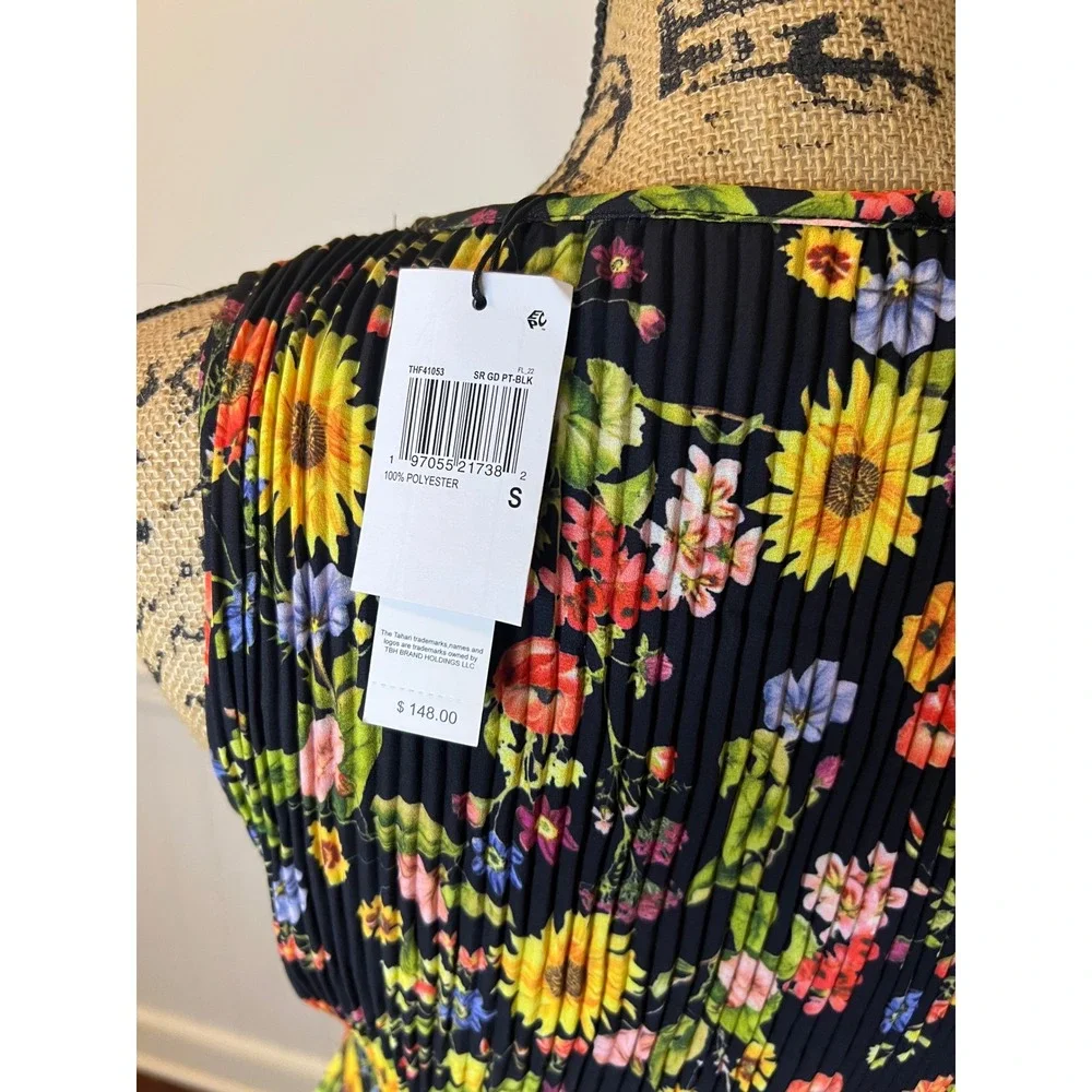T Tahari sizeS Black Floral Print Pleated Midi Dress Sleeveless V Neck Tie Waist